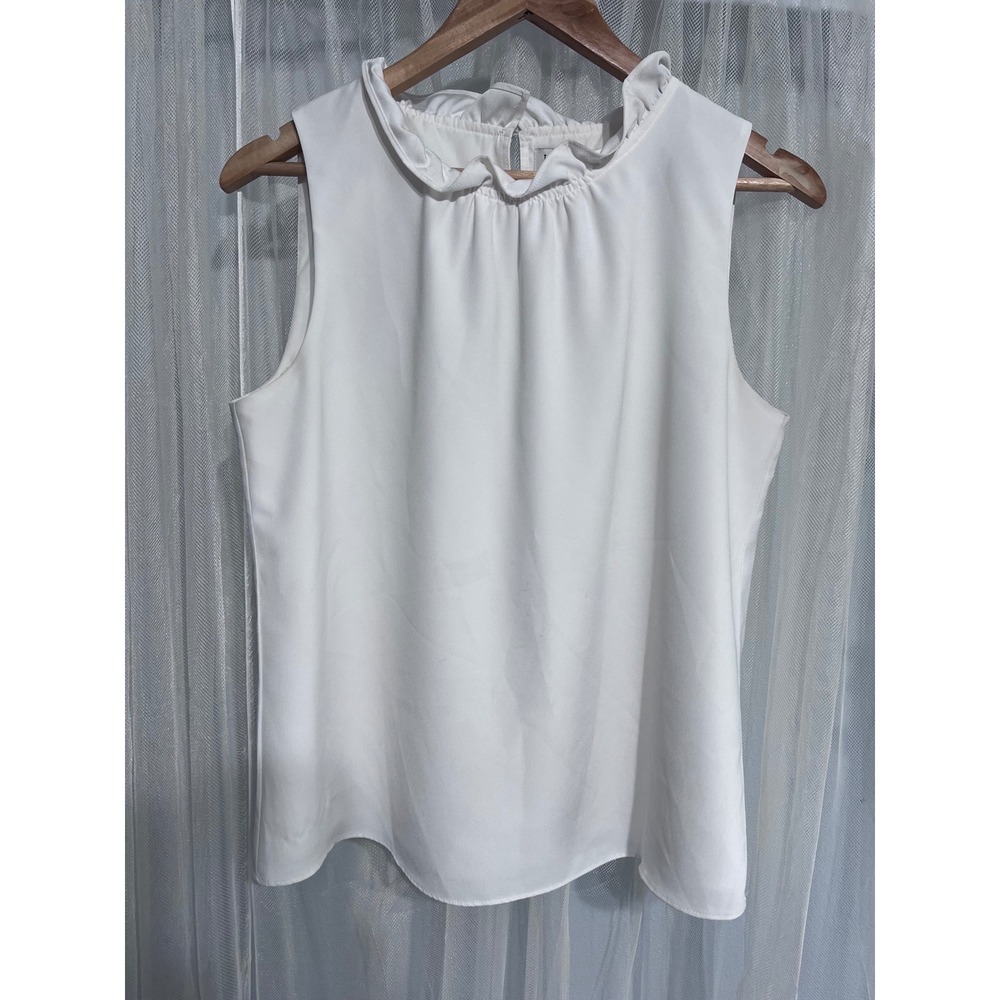 J.Crew Womens White Ruffled Mock Neck Sleeveless Blouse Size S Keyhole Back